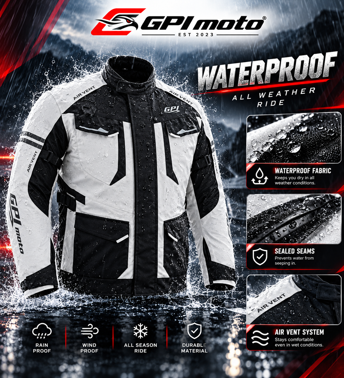 Men’s All-Season 7 Pockets Waterproof High Premium Quality Motorcycle Jacket – Beach/Black