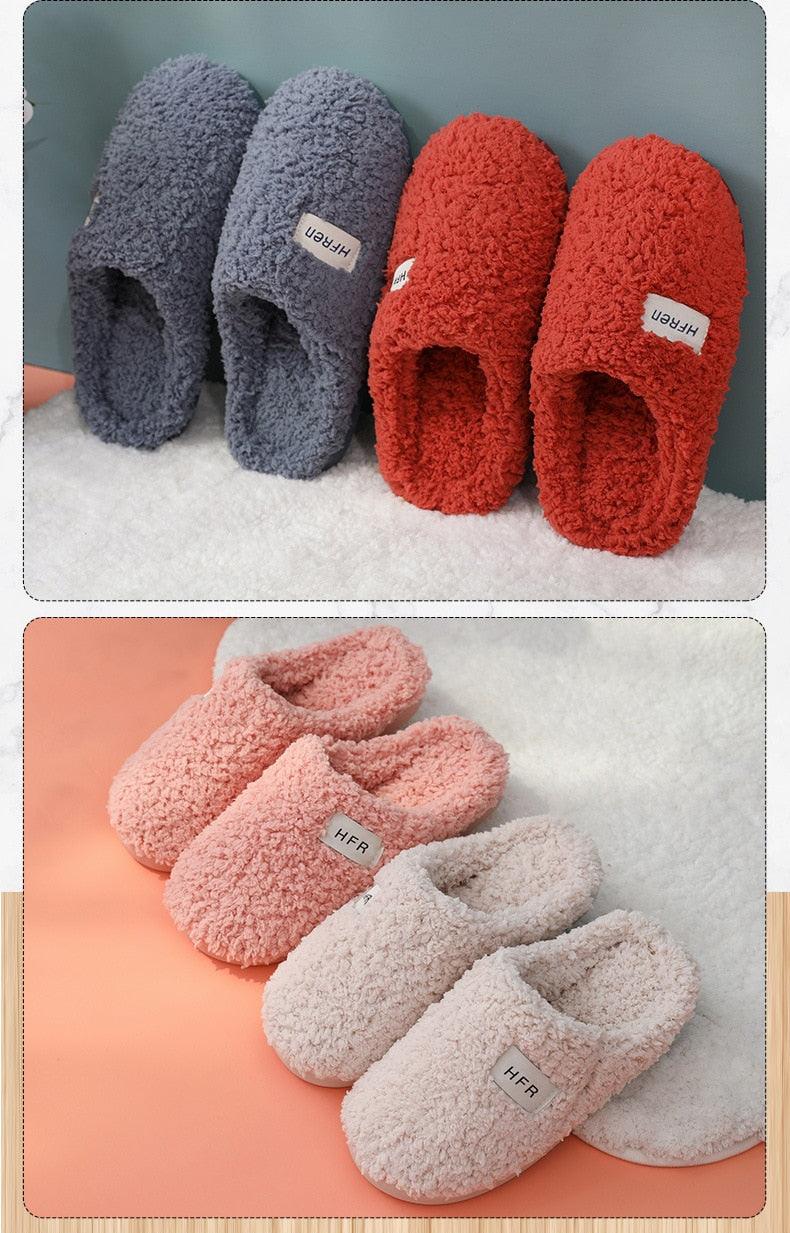 Winter Short Plush Cotton Home Slippers Women Indoor Floor Footwear Fashion Men Household Warm Slides Flat Couple House Slippers With Memory Foam Snd Comfortable Warm Shoes