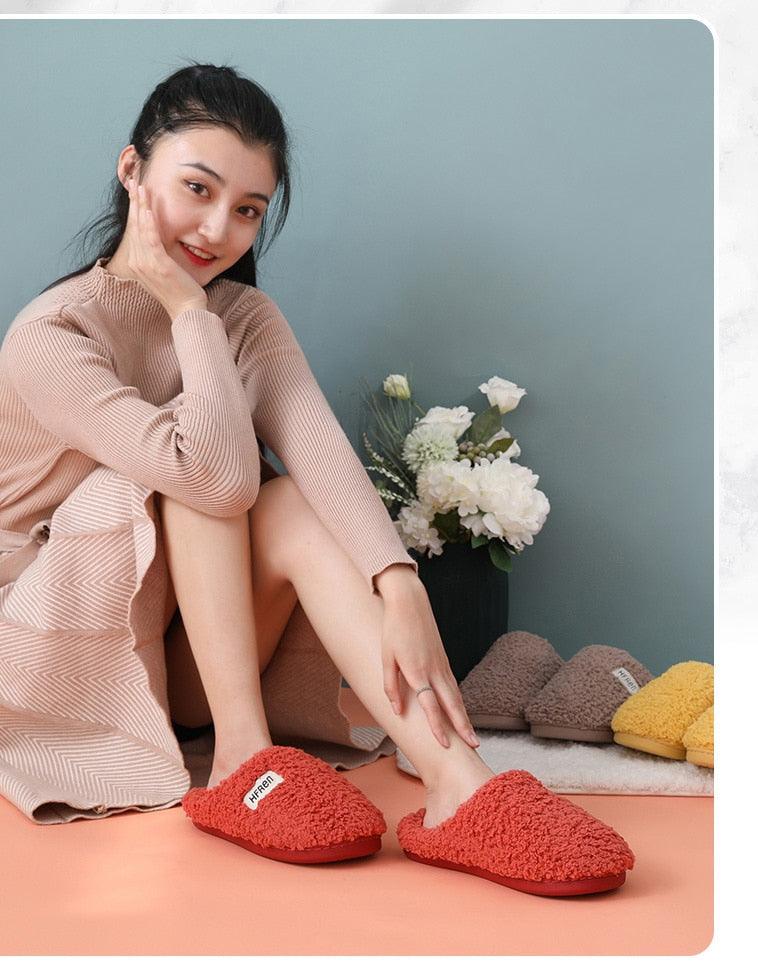 Winter Short Plush Cotton Home Slippers Women Indoor Floor Footwear Fashion Men Household Warm Slides Flat Couple House Slippers With Memory Foam Snd Comfortable Warm Shoes