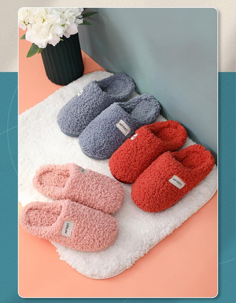 Winter Short Plush Cotton Home Slippers Women Indoor Floor Footwear Fashion Men Household Warm Slides Flat Couple House Slippers With Memory Foam Snd Comfortable Warm Shoes
