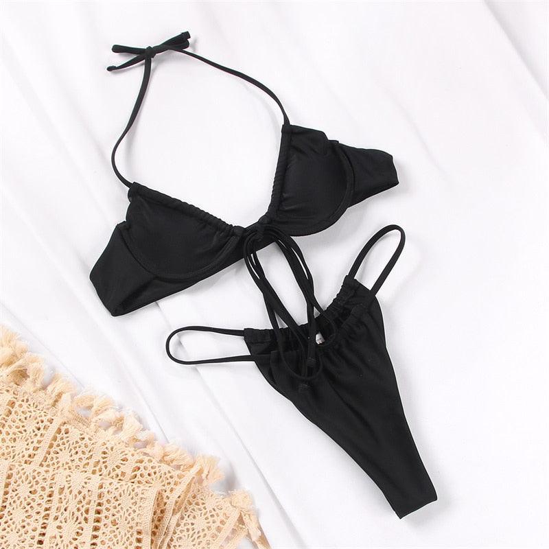 Women Bikini Set Solid Color Swimsuit Women Two Piece Swimsuit Swimwear Halter String Triangle Bikini Sets Women Hollow Out Bikinis String Swimwear Women Adjustable Bathing Suit