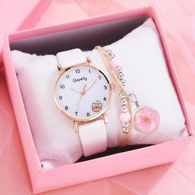 Women New Color Bear Fashion Student Quartz Watch Bracelet Combination Set Kids Girl Wrist Watch Bracelet Leather Rhinestone Luxury Design Simple Dress Women's Watches