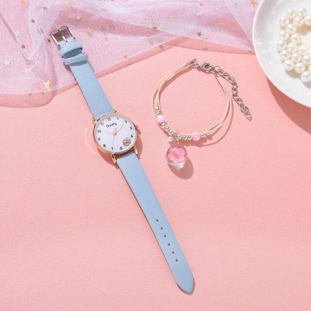 Women New Color Bear Fashion Student Quartz Watch Bracelet Combination Set Kids Girl Wrist Watch Bracelet Leather Rhinestone Luxury Design Simple Dress Women's Watches