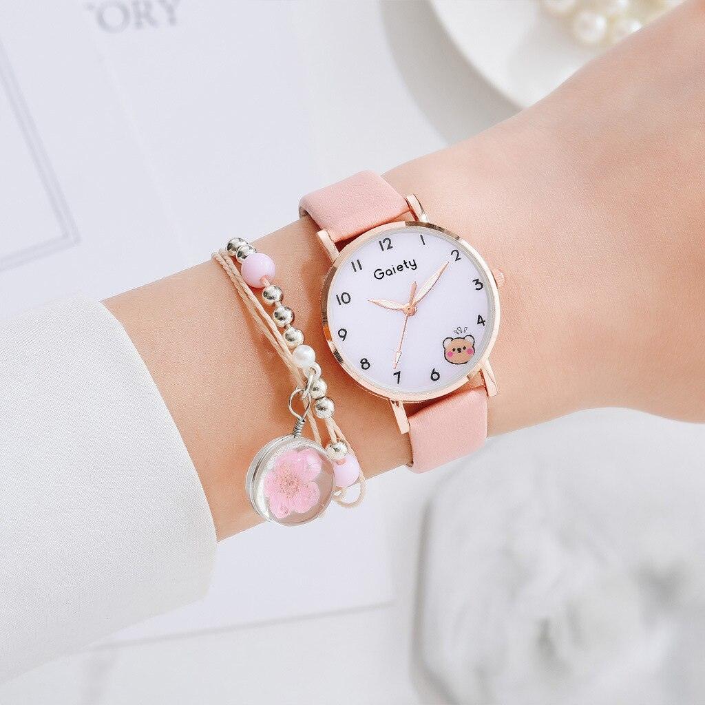 Women New Color Bear Fashion Student Quartz Watch Bracelet Combination Set Kids Girl Wrist Watch Bracelet Leather Rhinestone Luxury Design Simple Dress Women's Watches