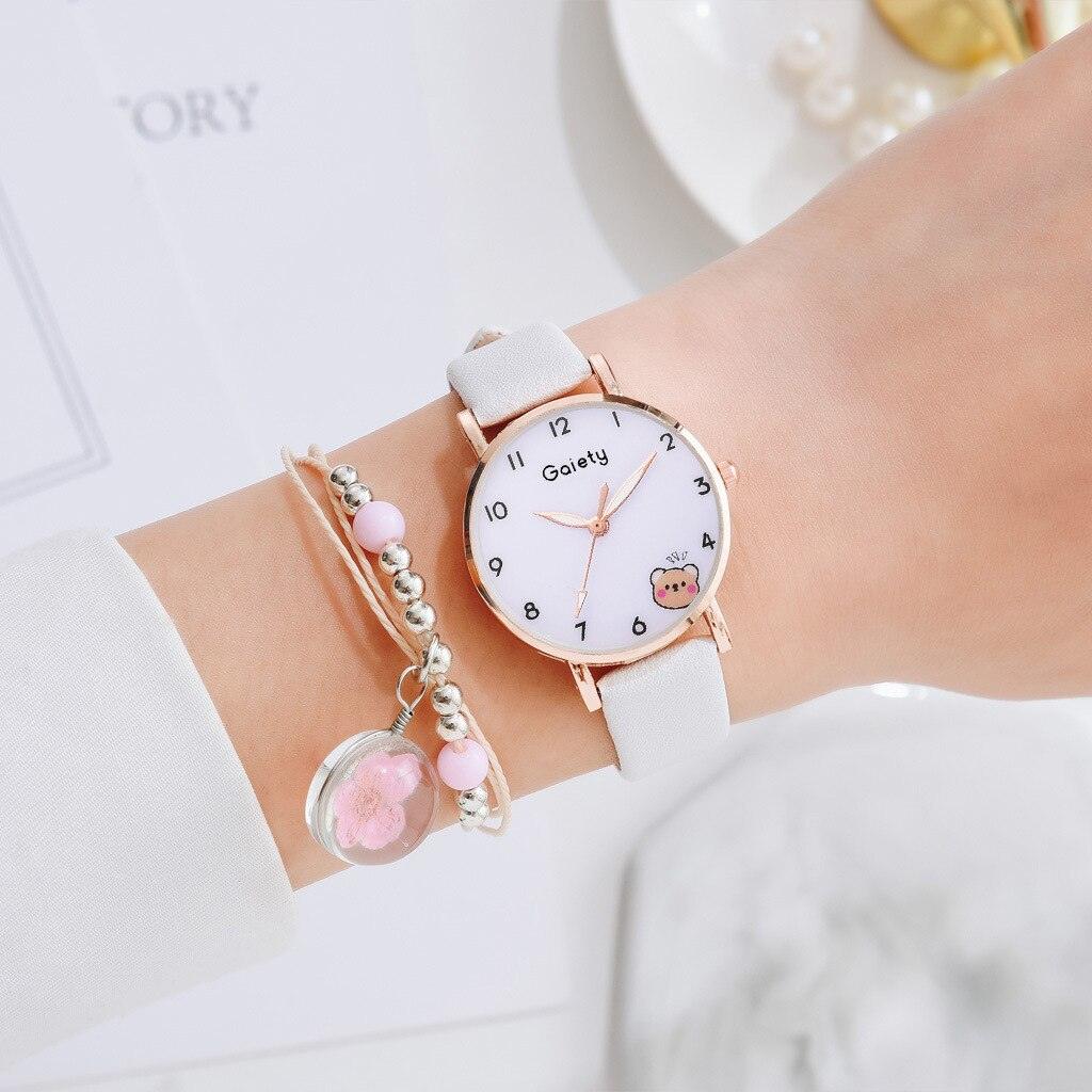 Women New Color Bear Fashion Student Quartz Watch Bracelet Combination Set Kids Girl Wrist Watch Bracelet Leather Rhinestone Luxury Design Simple Dress Women's Watches