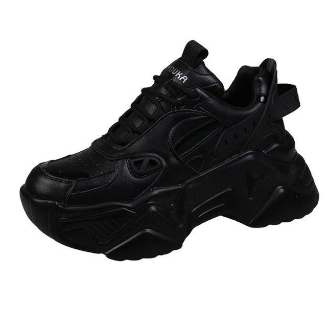 Women Platform Sneakers Leather Casual Ladies Chunky Shoes Woman High Black Fashion Thick Soled Sports Walking Shoes Lace Up Platform Leather Trainers Sneakers