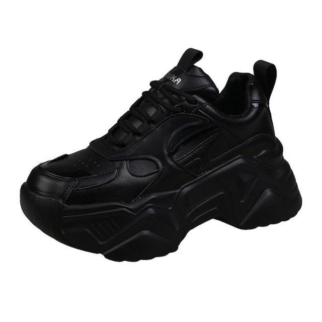Women Platform Sneakers Leather Casual Ladies Chunky Shoes Woman High Black Fashion Thick Soled Sports Walking Shoes Lace Up Platform Leather Trainers Sneakers