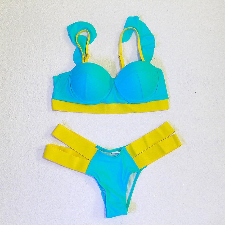 Women Push Up Bikini Women Neon Bandage Swimwear Women Patchwork Bikini Swimsuit 2 Piece Cutout Molded Push Up Bathing Suit Ruffle Hook Closure Bikini Set Two Piece Bathing Suit