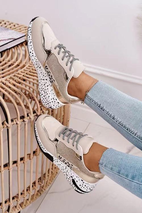 Women Sneakers Leopard Print Lace-Up Women's Vulcanize Shoes Sports Sneakers Breathable Height Increasing Walking Jogging Sneakers Gold Silver Sport Running Women's Sneakers