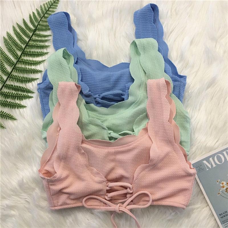 Women Solid Swimwear Female Bathing Suit Scalloped High Waist Bikini Set Two Pieces Women's Solid Color Lace-up High Waist Scoop Collar Padded Bathing Suit