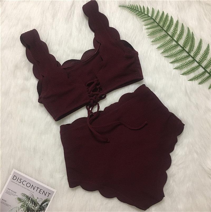 Women Solid Swimwear Female Bathing Suit Scalloped High Waist Bikini Set Two Pieces Women's Solid Color Lace-up High Waist Scoop Collar Padded Bathing Suit