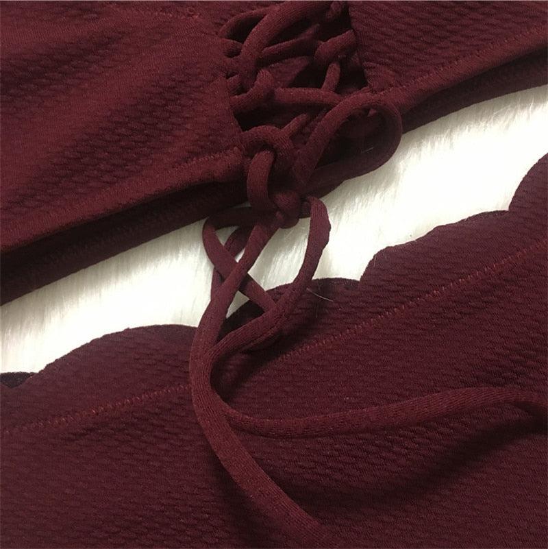 Women Solid Swimwear Female Bathing Suit Scalloped High Waist Bikini Set Two Pieces Women's Solid Color Lace-up High Waist Scoop Collar Padded Bathing Suit