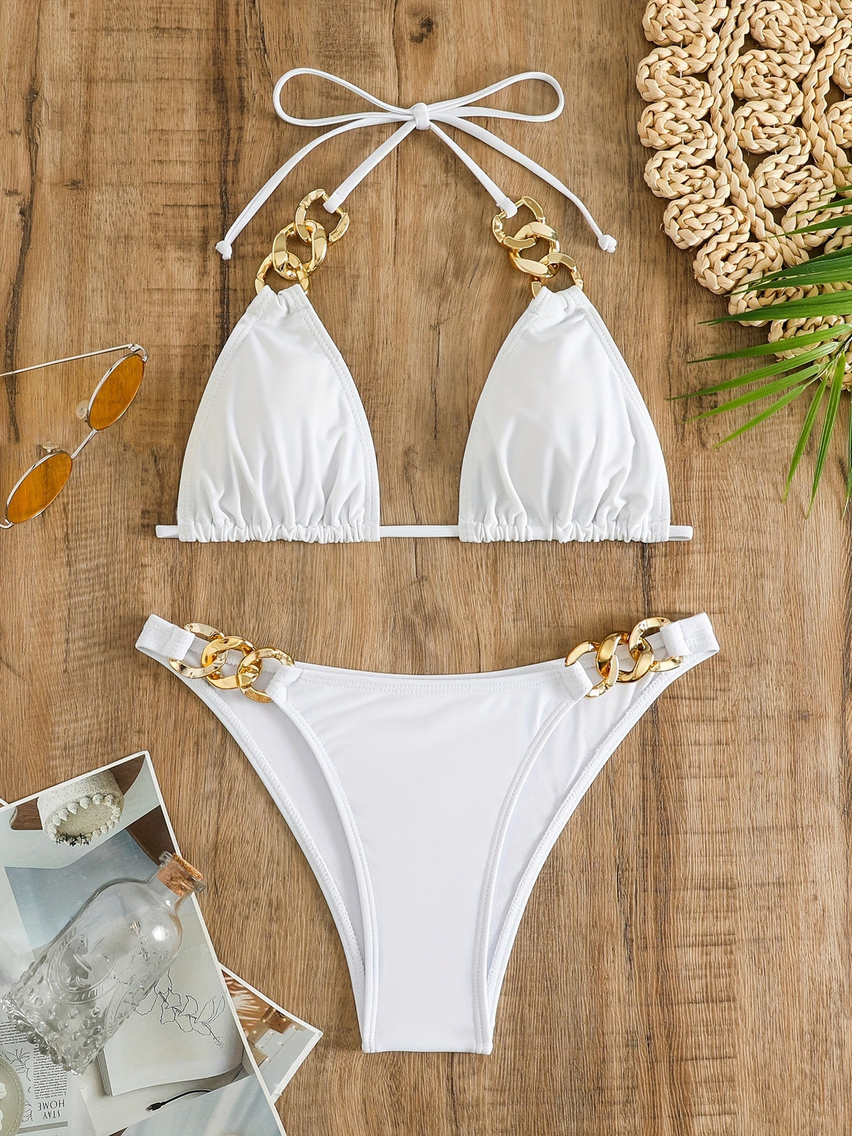 Luxe Chain Link Triangle Halter Bikini Set – Chic V Neck 2 Piece Swimsuit with Lace-Up Tie Back High Stretch Nylon Blend and Sleek Solid Color Finish – Women's Elegant Swimwear for Summer Beach & Pool Style