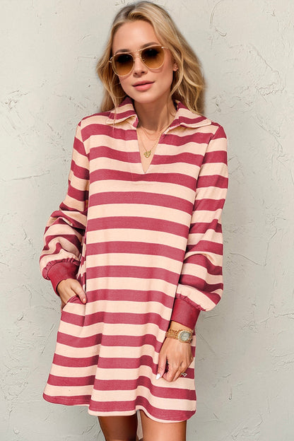 Deep Rose Full Size Striped Contrast Collared Neck Long Sleeve Dress Modern & Stylish Women’s Wear