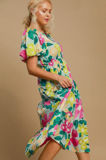 Colorful Full Size Floral Print Puff Sleeve Midi Dress Plus Size Elegant & Feminine Romantic Long Dress