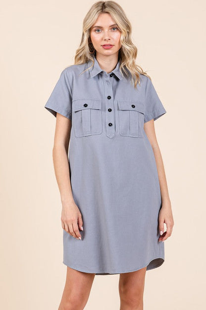Button Detail Collared Neck Short Sleeve Shirt Dress For Women – Classic, Elegant, Chic, Trendy, Versatile Shirt Dress