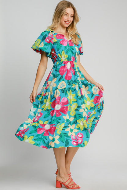 Beautiful Full Size Floral Print Puff Sleeve Midi Dress Plus Size Trendy & Chic Dress Modern Design
