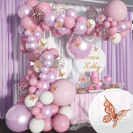 1 Set Pink Purple Chrome Rose Gold Balloon Garland With Butterfly Stickers Arch Kit For Birthday Wedding Party Decorations