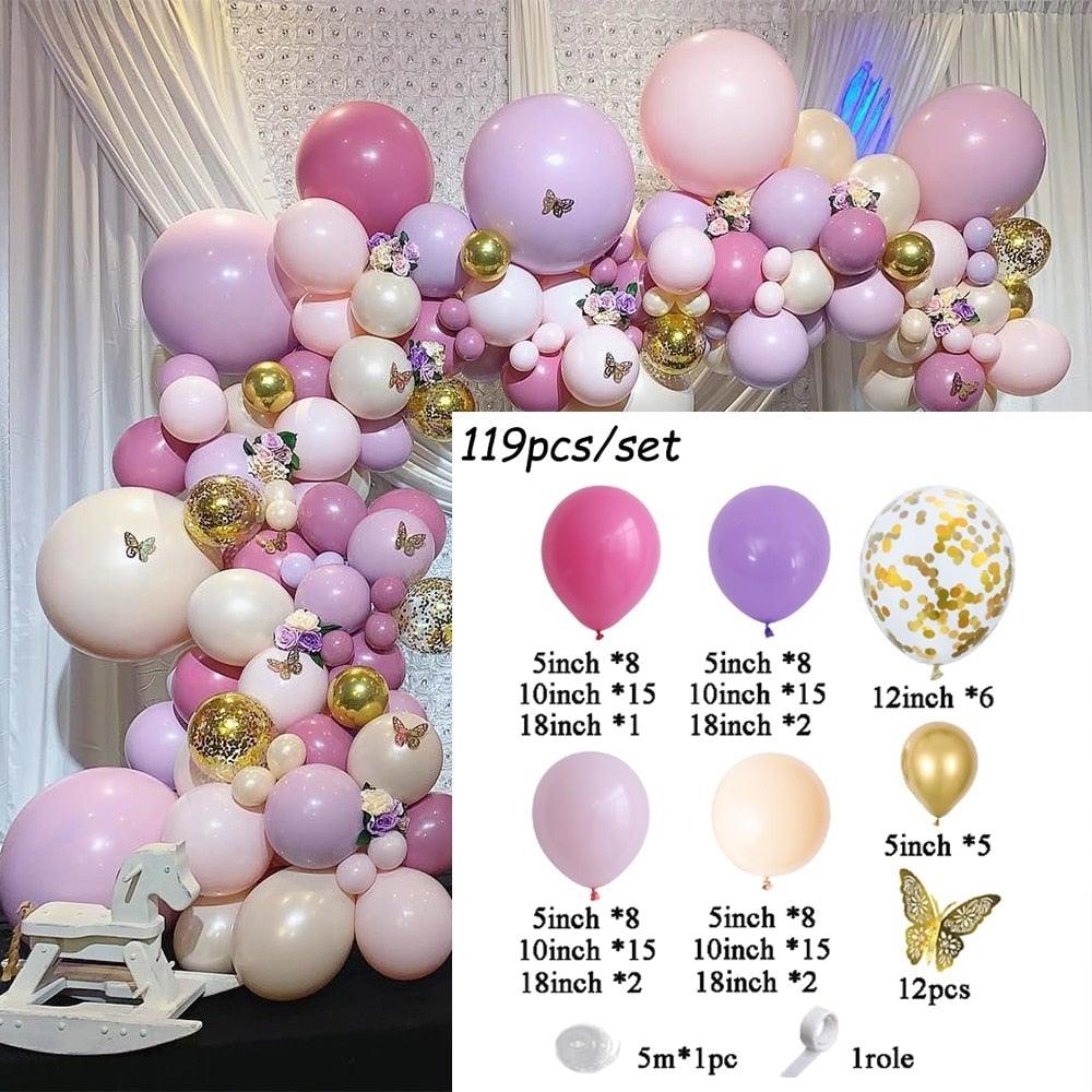 1 Set Pink Purple Chrome Rose Gold Balloon Garland With Butterfly Stickers Arch Kit For Birthday Wedding Party Decorations