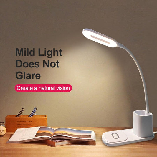 10W QI Quick Wireless Charging LED Desk Lamp Flexible Touch Dimmable Eye Protect Reading Table Light Bedroom Office Table Lamp Decorative Table Lamp Cute Study Lamps for Bedroom Décor