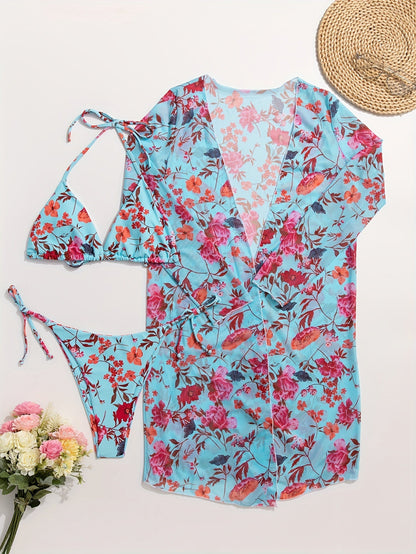 Bikini European Style Floral Print 3 Piece Swimsuit Set for Women – Sexy V Neck Bikini with Cross Strap Detail and Matching Long Sleeve Cover-Up – High Stretch Trendy Swimwear for Summer Beach Vacations Resort Looks and Poolside Fashion