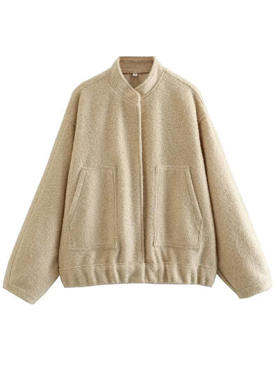 Autumn Casual Full Size Drop Shoulder Snap Down Jacket with Buttoned Front and Pockets