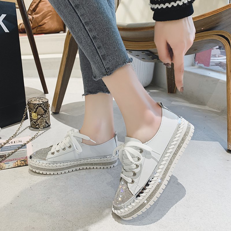 Womens Leopard Sneakers Women Canvas Shoes Leisure Lace-Up Sneakers Rhinestone Shiny Flat Charming Shoes Platform Leisure Low Sneakers