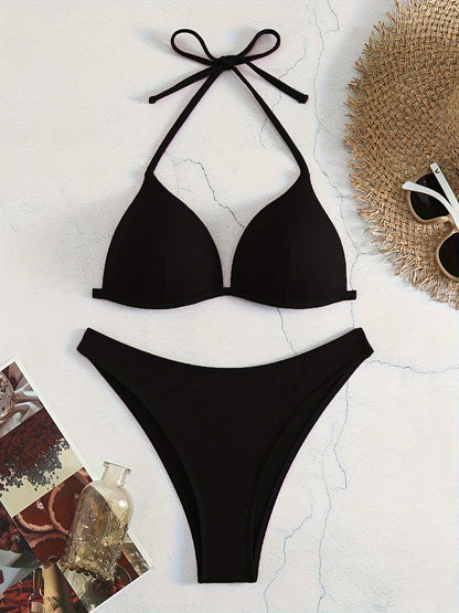 Bikini Rib Knit Solid Color Triangle 2 Piece Swimsuit for Women – Adjustable Tie Back Halter Bikini Set with Spaghetti Straps – High Stretch Polyester Swimwear for Summer Beachwear Poolside Relaxation and Tropical Vacation