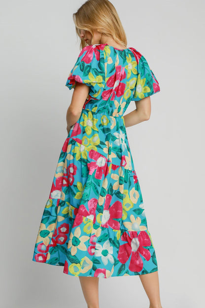 Beautiful Full Size Floral Print Puff Sleeve Midi Dress Plus Size Trendy & Chic Dress Modern Design