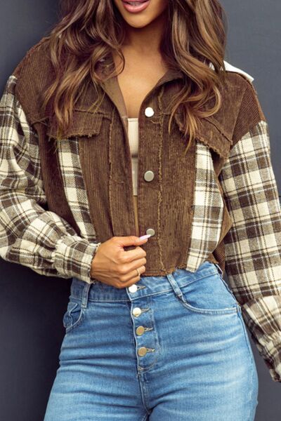 Raw Hem Plaid Cropped Hooded Jacket – Trendy Buttoned Outerwear with Casual Raw Hem Detail
