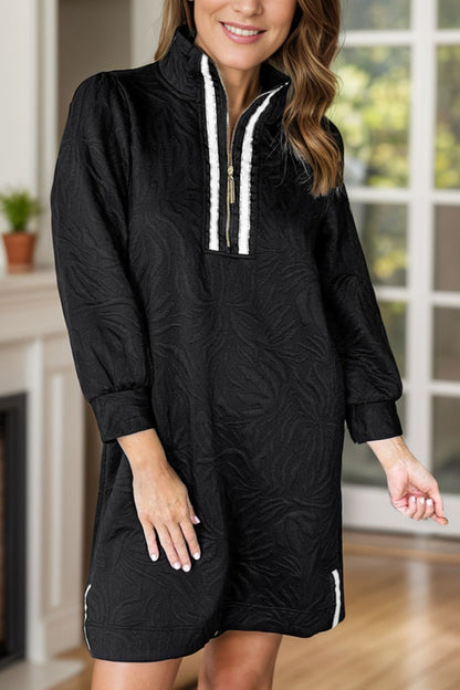 Classic Textured Zip Mini Dress Trendy Long Sleeve Dress for Women Modern Dress
