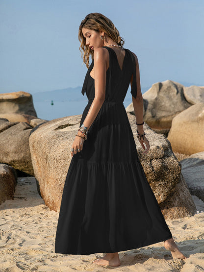 White V-Neck Tie Shoulder Maxi Dress Effortless & Flowy Summer Essential Long Girls Dress