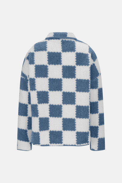 Elegant Checkered Snap Down Long Sleeve Teddy Jacket Soft & Warm Colorful Jacket