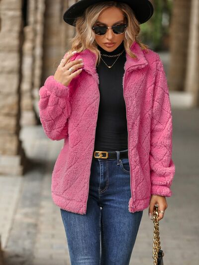 Women's Fuzzy Zip-Up Jacket with Pockets – Soft & Cozy Long Sleeve Outerwear