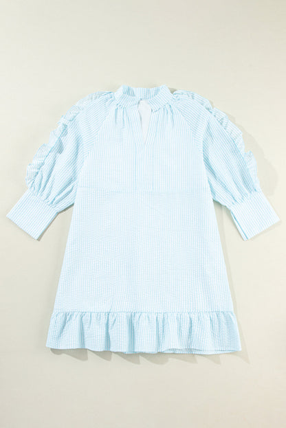 Blue Lightweight Ruffled Striped Mini Dress Chic Playful Dress for Women Charming Design Dress