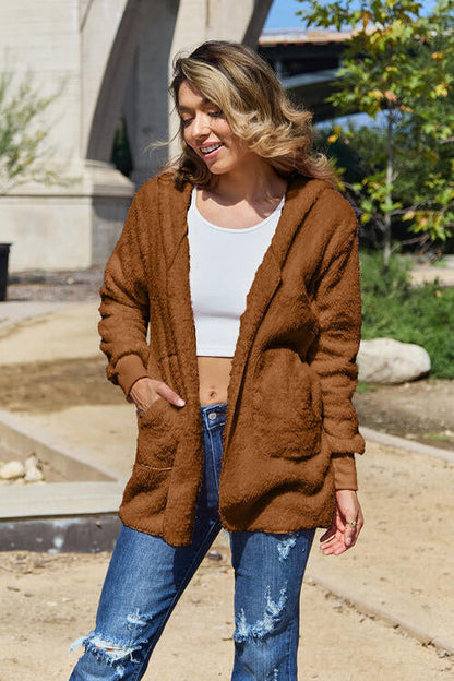 Women Full Size Teddy Hooded Jacket with Pockets Cozy Casual Jacket Comfortable Women Jacket