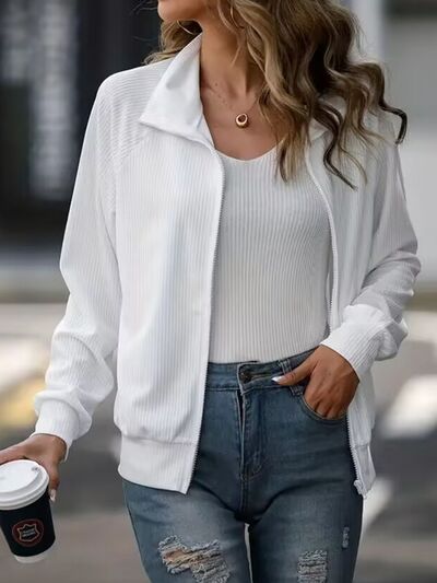 Simple White Zip Up Collared Neck Raglan Sleeve Jacket Comfortable Versatile Casual Women Wear