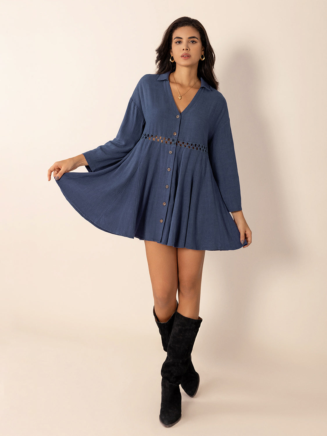 Dusty Blue Long Sleeve Mini Dress Elegant Cutout & Buttoned Design Lightweight Women Dress