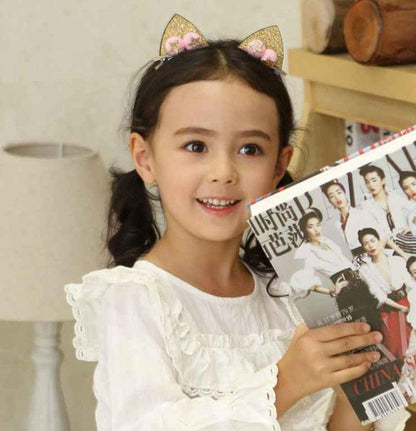 2pcs/Set Cute Hair Clips For Girls Glitter Rainbow Felt Fabric Flowers Hairpins Cat Ears Bunny Barrettes Kids Hair Accessories for Halloween Parties Cosplay for Girls