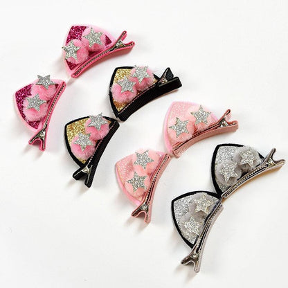 2pcs/Set Cute Hair Clips For Girls Glitter Rainbow Felt Fabric Flowers Hairpins Cat Ears Bunny Barrettes Kids Hair Accessories for Halloween Parties Cosplay for Girls