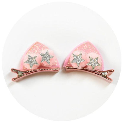 2pcs/Set Cute Hair Clips For Girls Glitter Rainbow Felt Fabric Flowers Hairpins Cat Ears Bunny Barrettes Kids Hair Accessories for Halloween Parties Cosplay for Girls