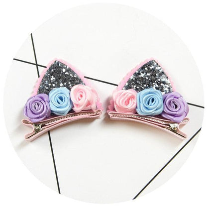 2pcs/Set Cute Hair Clips For Girls Glitter Rainbow Felt Fabric Flowers Hairpins Cat Ears Bunny Barrettes Kids Hair Accessories for Halloween Parties Cosplay for Girls