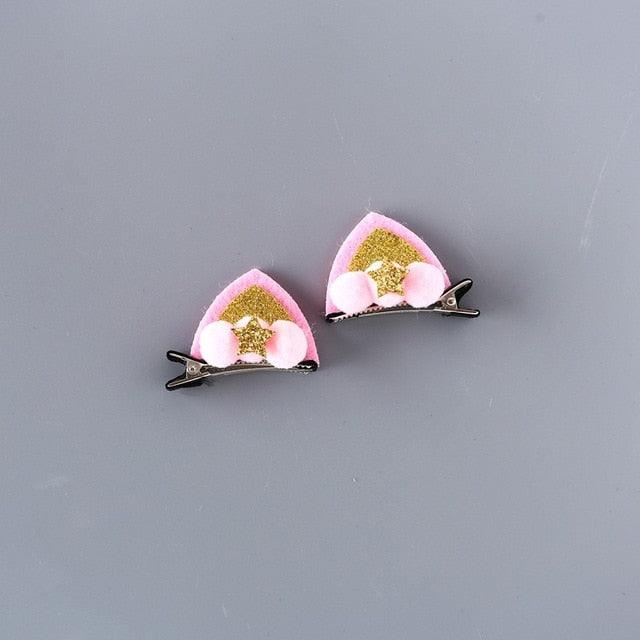 2pcs/Set Cute Hair Clips For Girls Glitter Rainbow Felt Fabric Flowers Hairpins Cat Ears Bunny Barrettes Kids Hair Accessories for Halloween Parties Cosplay for Girls