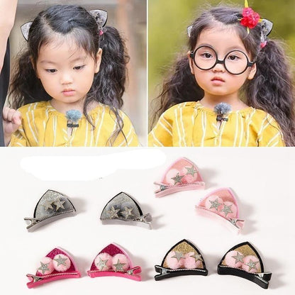 2pcs/Set Cute Hair Clips For Girls Glitter Rainbow Felt Fabric Flowers Hairpins Cat Ears Bunny Barrettes Kids Hair Accessories for Halloween Parties Cosplay for Girls