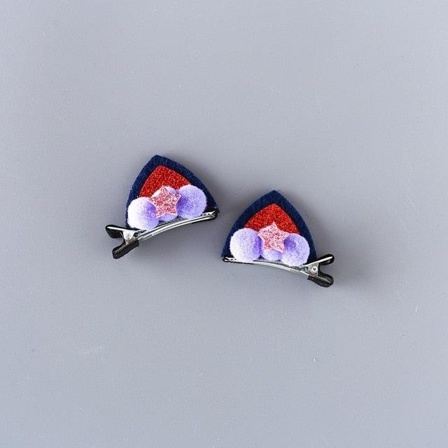 2pcs/Set Cute Hair Clips For Girls Glitter Rainbow Felt Fabric Flowers Hairpins Cat Ears Bunny Barrettes Kids Hair Accessories for Halloween Parties Cosplay for Girls