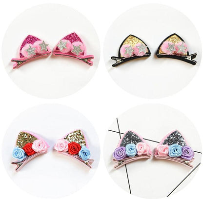 2pcs/Set Cute Hair Clips For Girls Glitter Rainbow Felt Fabric Flowers Hairpins Cat Ears Bunny Barrettes Kids Hair Accessories for Halloween Parties Cosplay for Girls