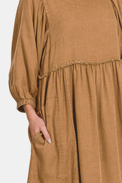 Washed Linen Pleated Puff Sleeve Babydoll Dress – Linen Babydoll Dress, Puff Sleeve Dress, Pleated Babydoll Dress, Casual Babydoll Dress, Elegant Puff Sleeve Dress, Comfortable Linen Dress, Warm Weather Dress