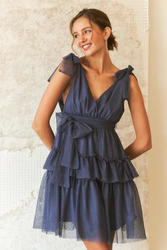 Tie Shoulder Polka Dot Mesh Dress For Women – Flirty Retro Polka Dot Elegant Dress with Adjustable Ties & Sheer Mesh Fabric For Special Occasions