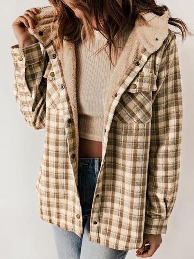 Plaid Snap Down Plush Hooded Jacket Soft & Warm Women Outerwear Cozy And Comfortable Jacket