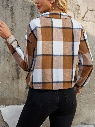 Women Brown Plaid Collared Neck Cropped Jacket Trendy & Versatile Outerwear